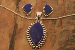 Artie Yellowhorse Genuine Blue Lapis Sterling Silver Pendant and Post Earrings Set